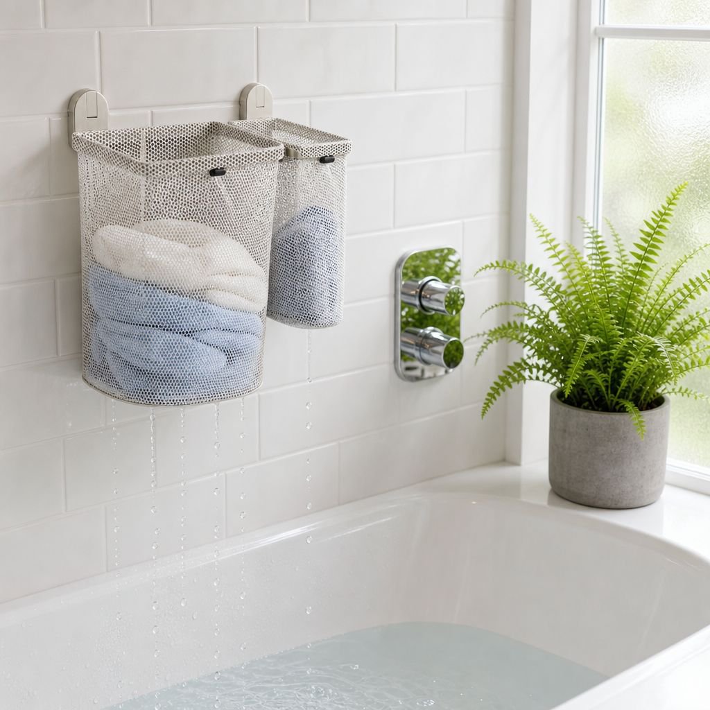 Bathroom organization with wall-mounted laundry basket