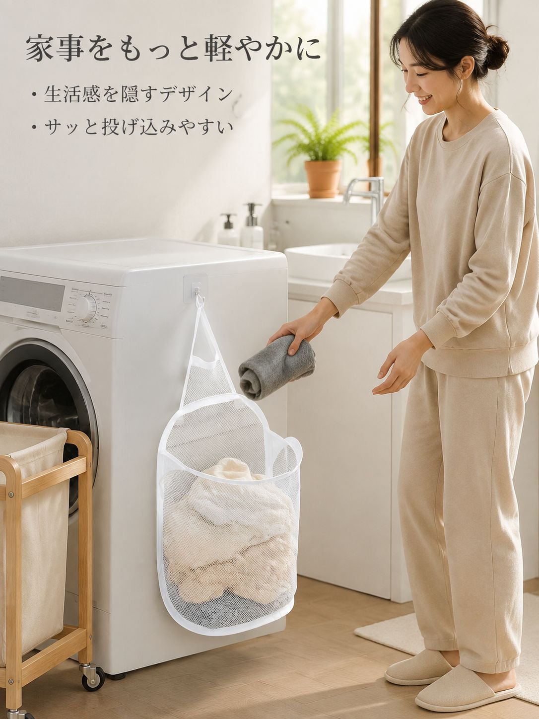穴あけ不要 粘着式壁掛けランドリーバッグ 折りたたみメッシュ収納袋 洗濯かご 浴室用