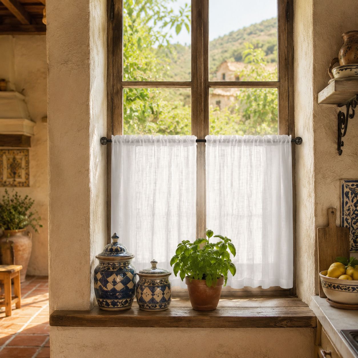 Cortina divisoria de lino para cocina, opaca para ventanas