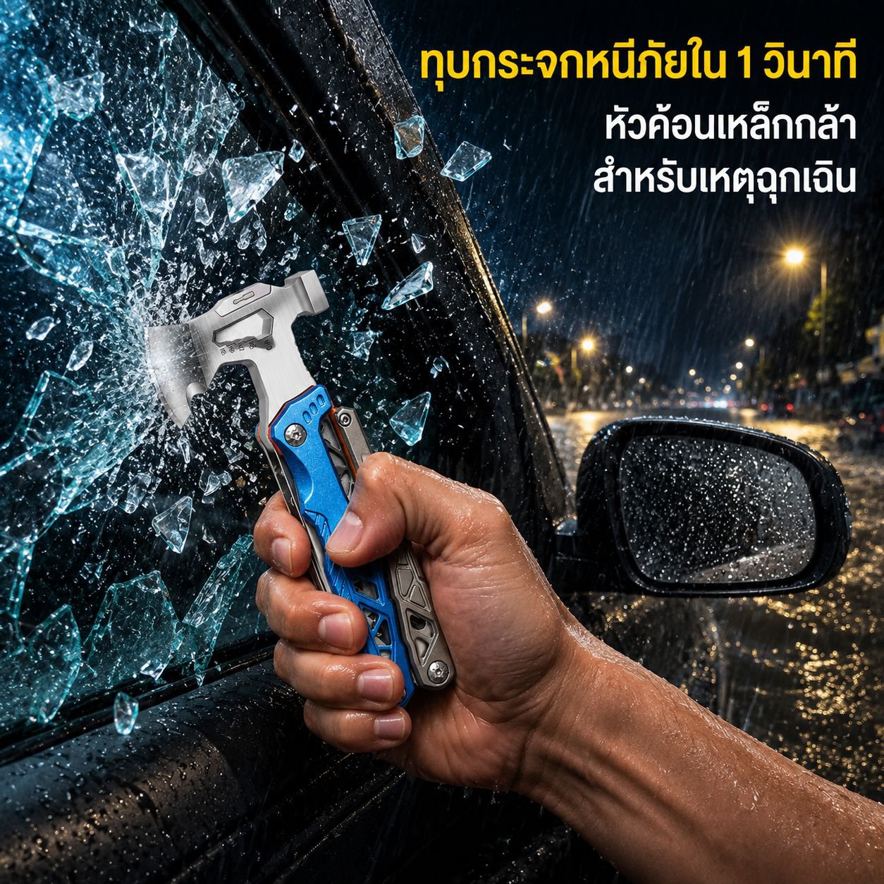 ขวานยุทธวิธีสารพัดประโยชน์ ค้อนนิรภัยในรถยนต์ เครื่องมือผจญภัยกลางแจ้ง