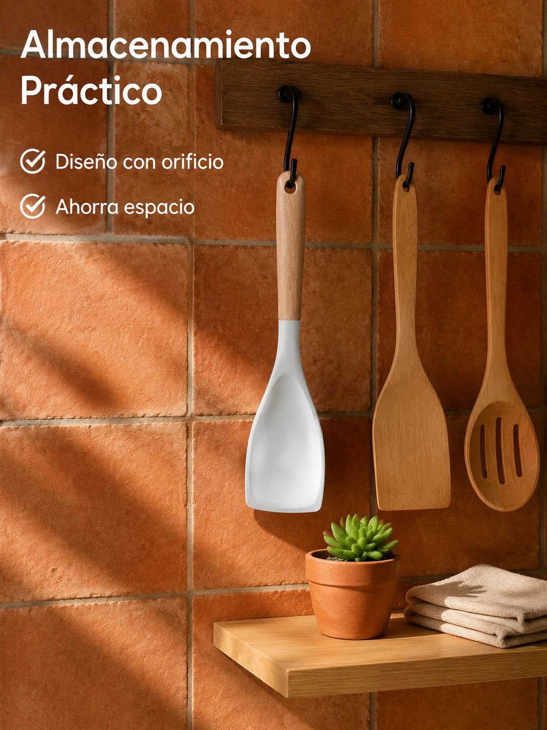 Cuchara de arroz de silicona con mango de madera