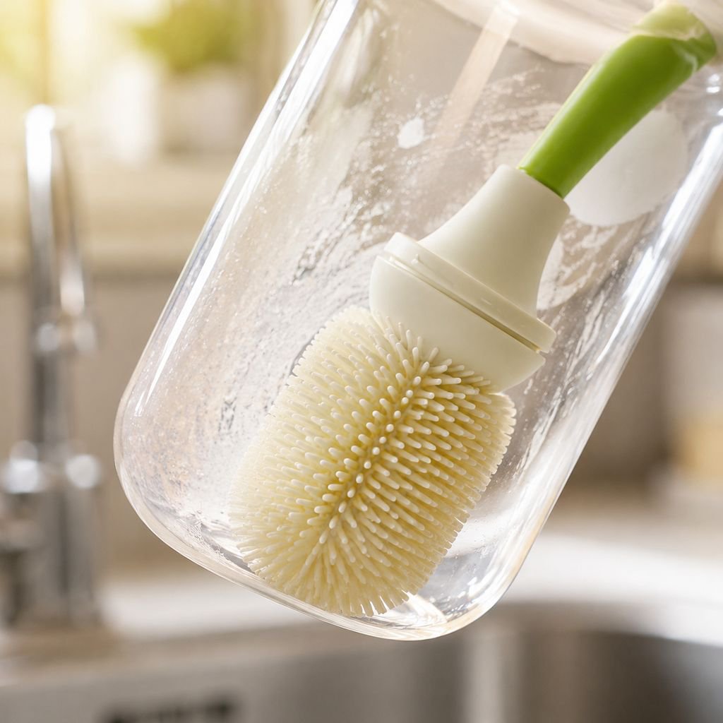 Baby bottle brush cleaning a feeding bottle
