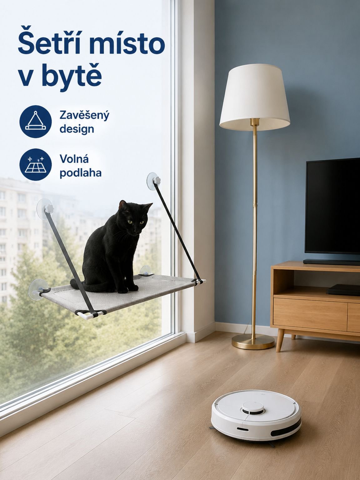 Závěsná houpací síť na kočky na balkóně