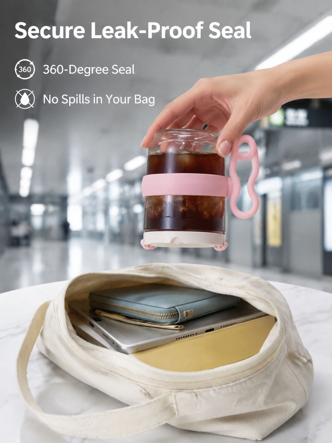 Clear glass cup with handle and lid