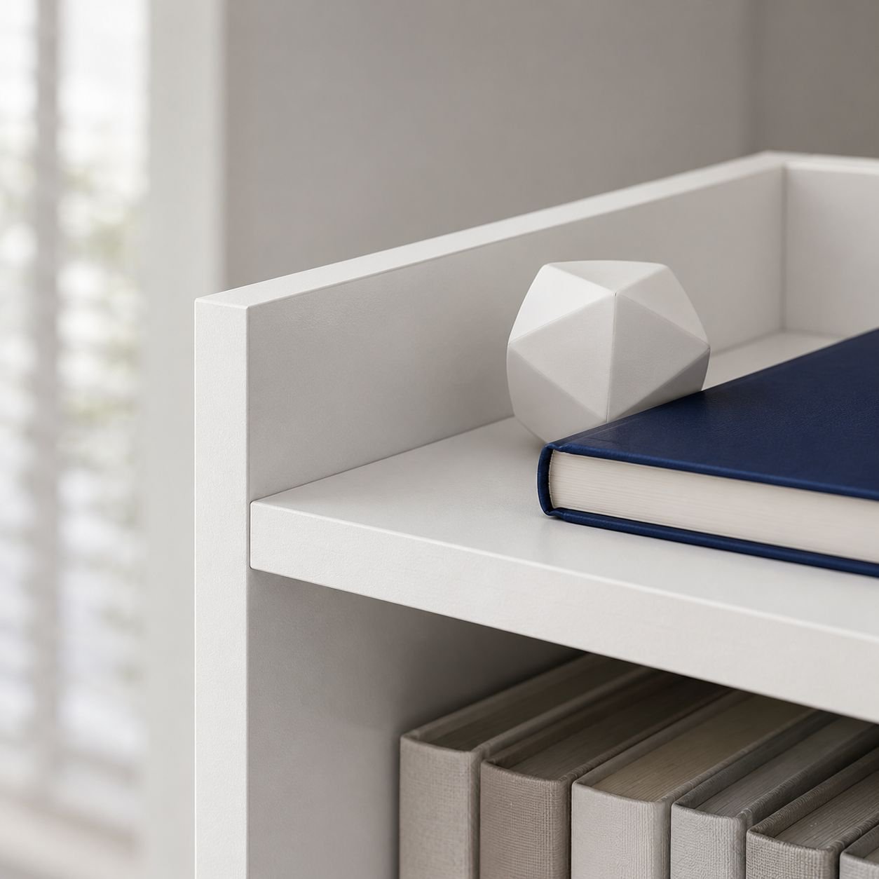Home organization with corner storage cabinet filled with books