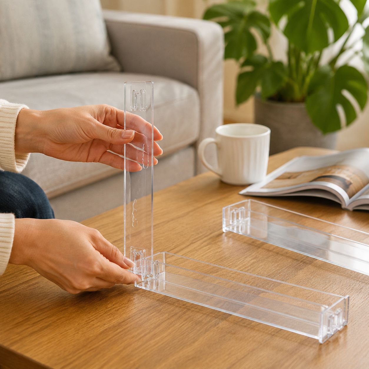 Home decor setup featuring acrylic figurine organizer
