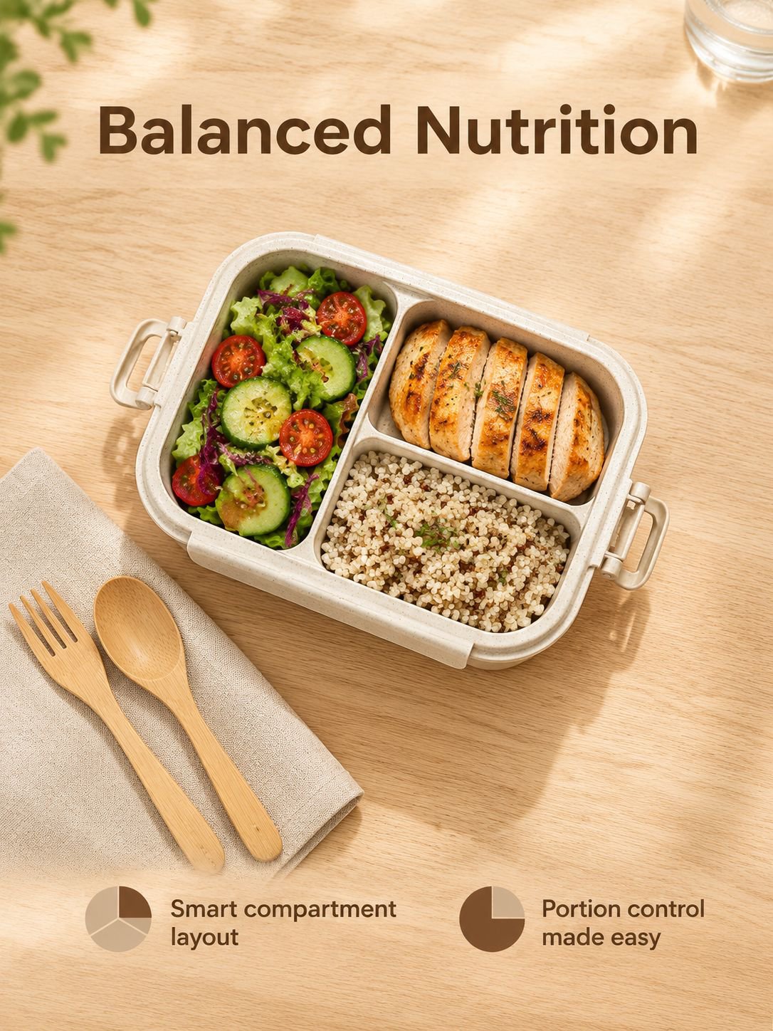 Portable stainless steel lunch box keeping food separated and organized