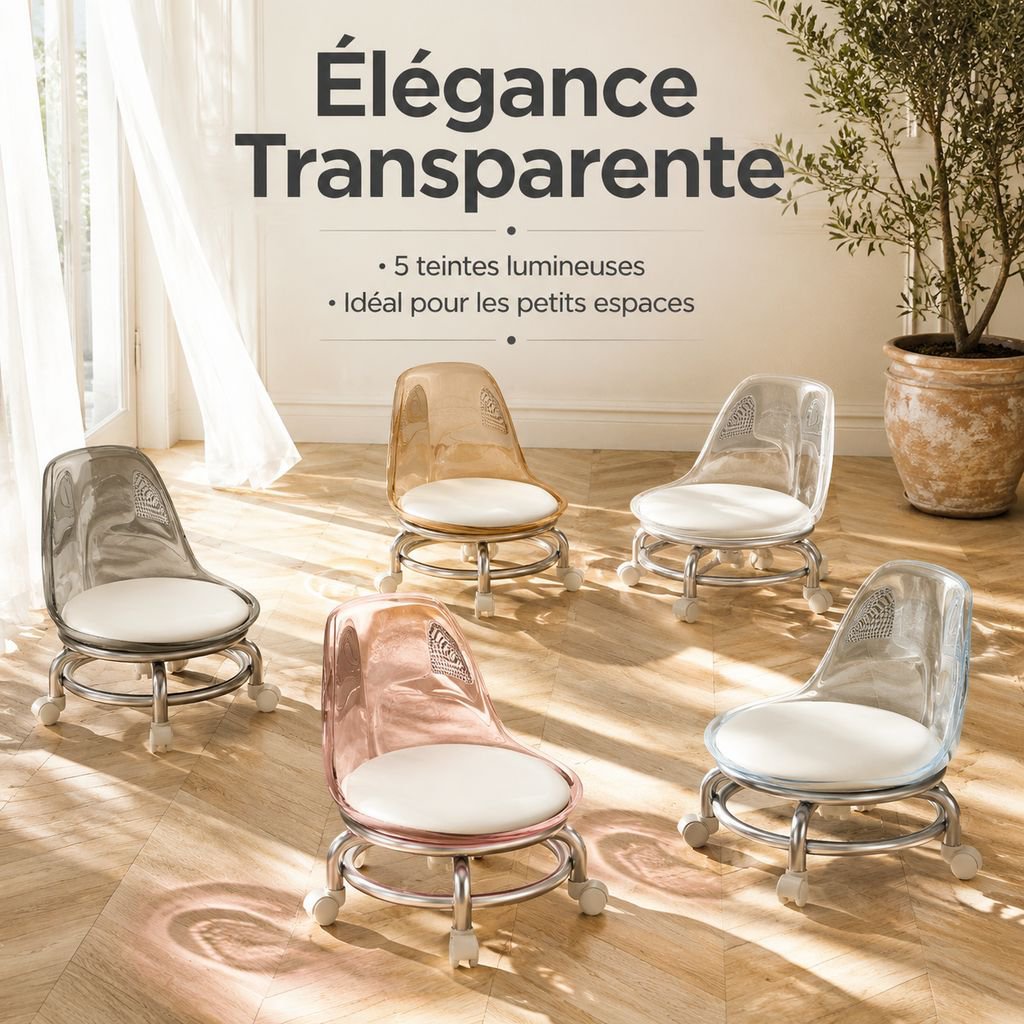 Tabouret pour enfants en plastique transparent à roulettes pivotantes
