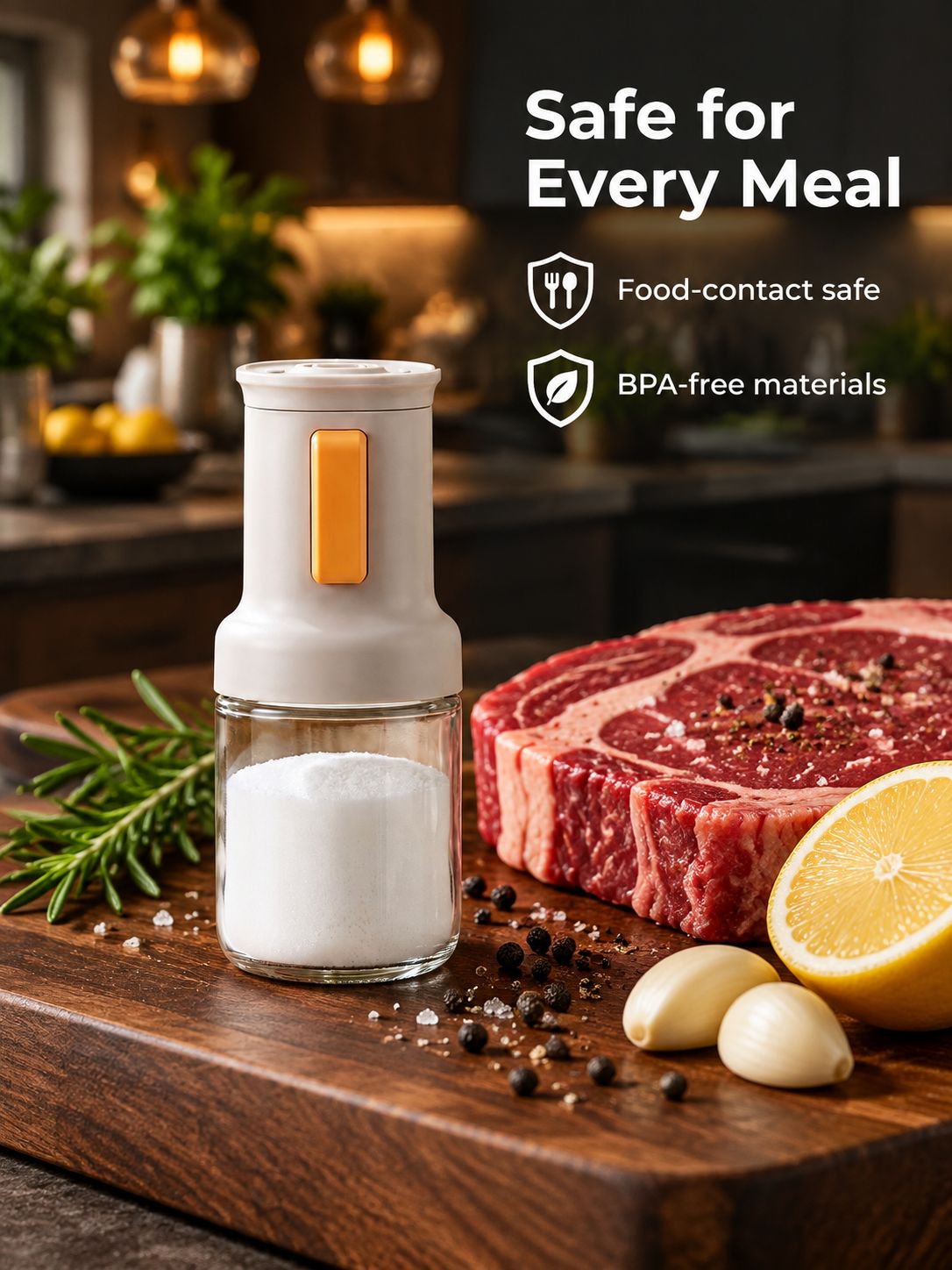 Press button salt dispenser bottle with accurate portion control for cooking