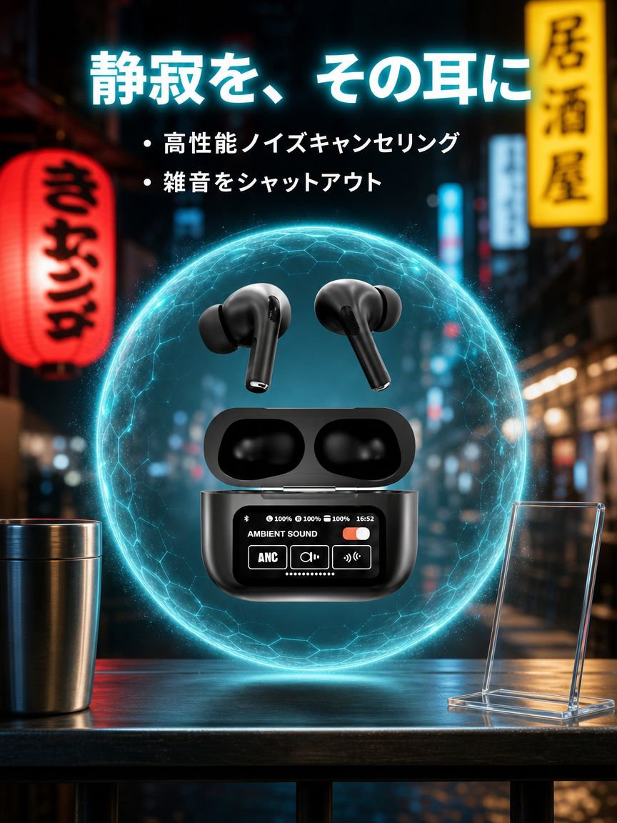 スマートカラーディスプレイ タッチコントロール ノイズキャンセリング Bluetoothイヤホン