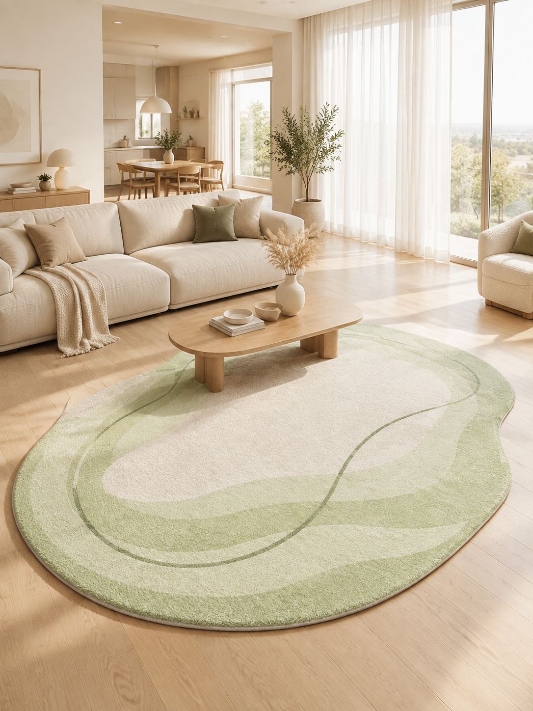 Alfombra de cachemira sencilla color crema en sala de estar moderna