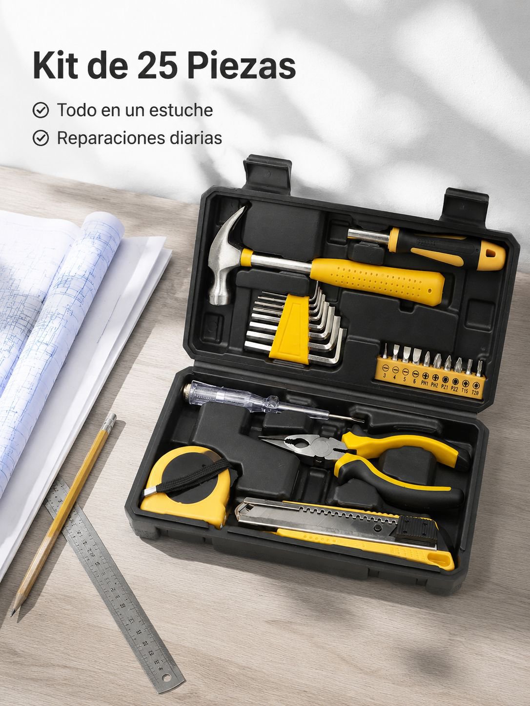 Caja de herramientas para el hogar de 25 piezas