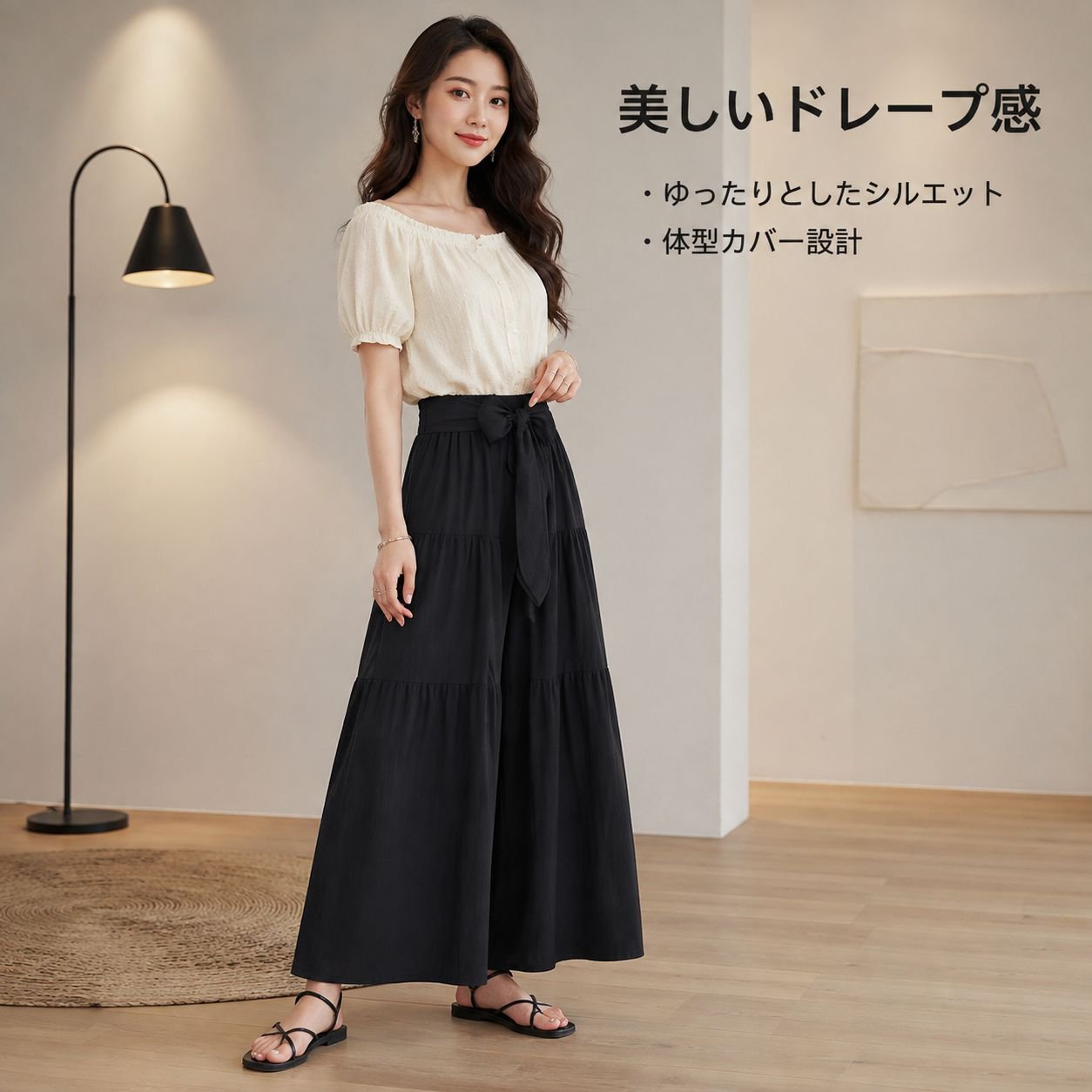通勤シンプルフレアワイドパンツセットレディース