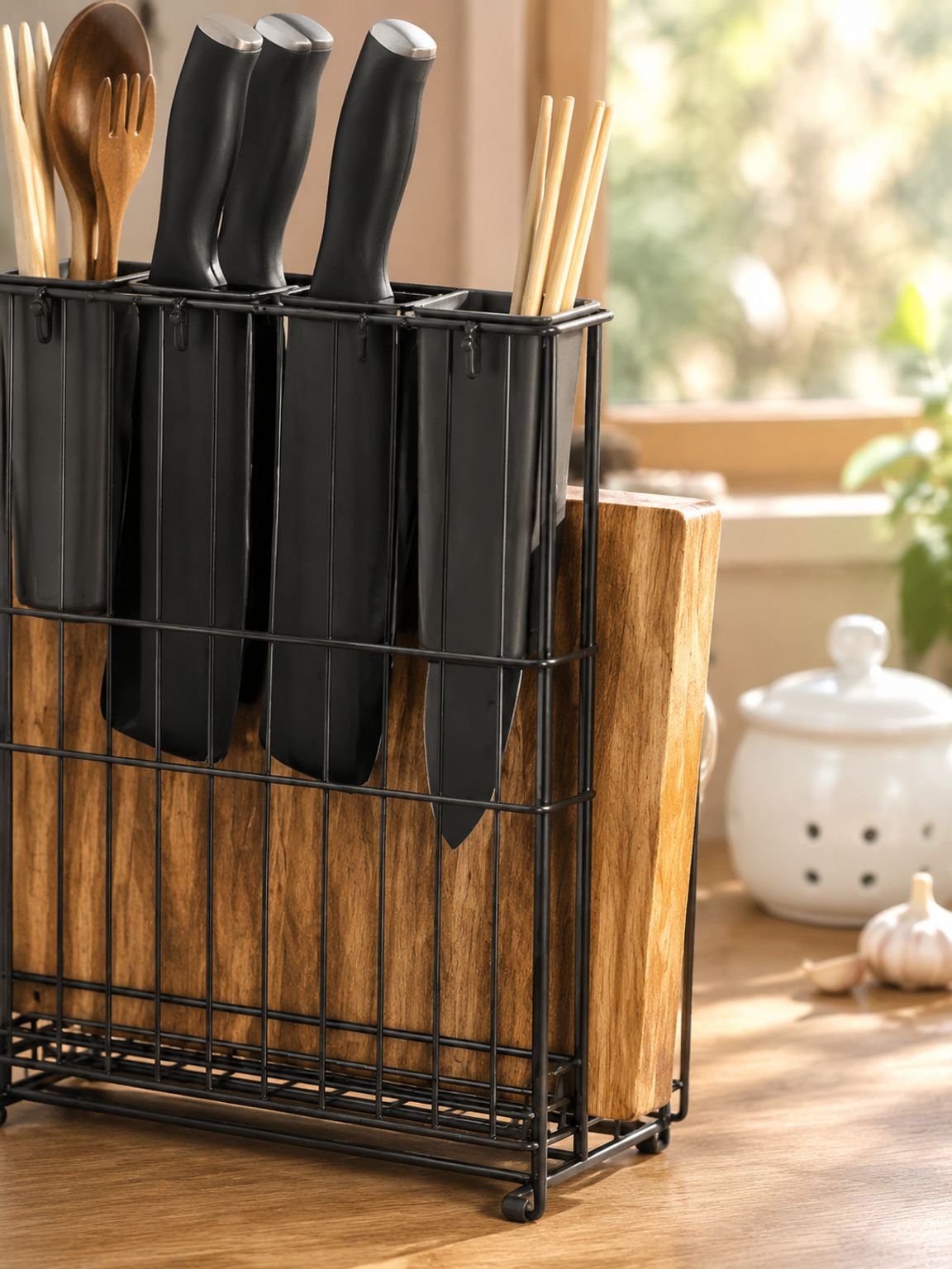 Soporte para cucharas y set de tabla para picar