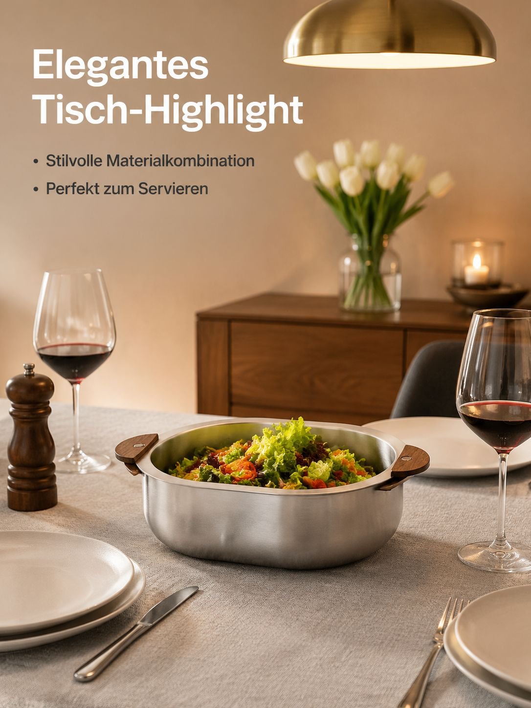 Salatschüssel aus Edelstahl mit Walnussholzgriffen