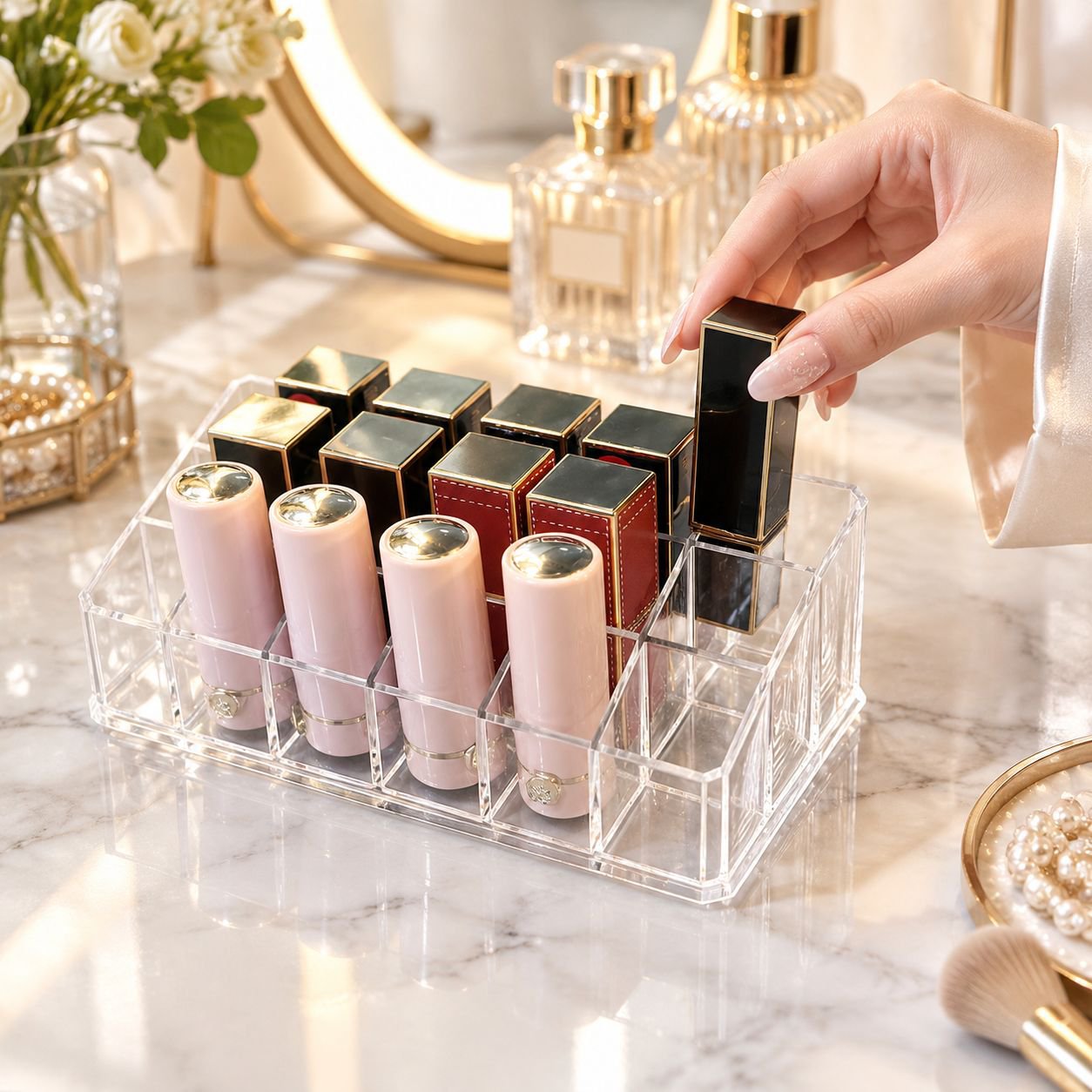Organizador de labiales transparente en uso sobre mesa