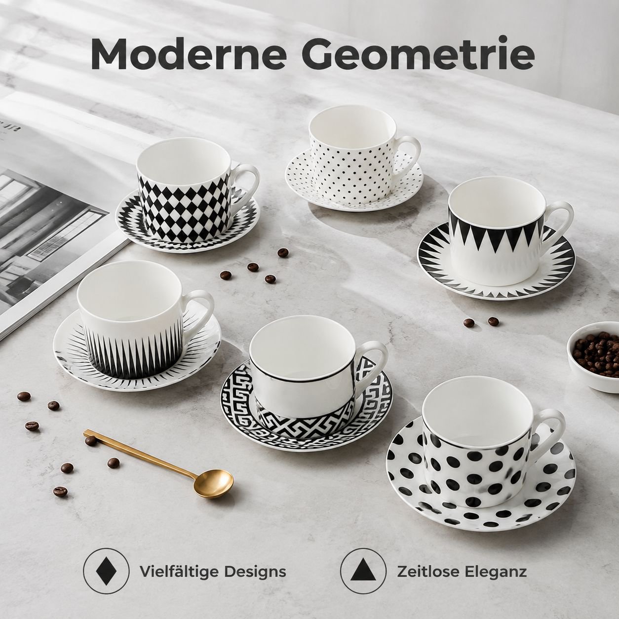 Knochenporzellan-Kaffeetassen- und Untertassen-Set mit schwarz-weiss geometrischem Design