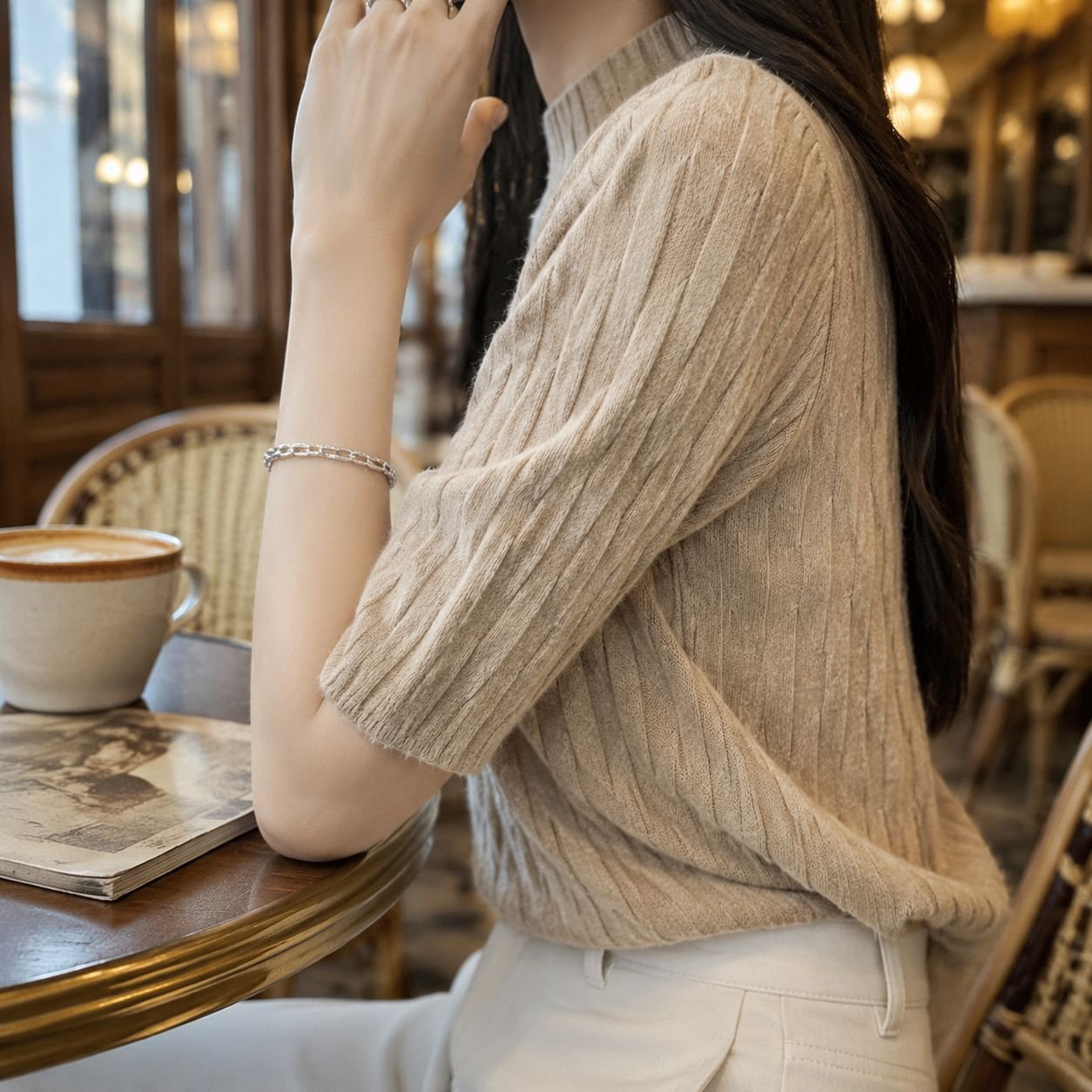 T-shirt d'été femme à manches courtes en maille fine côtelée