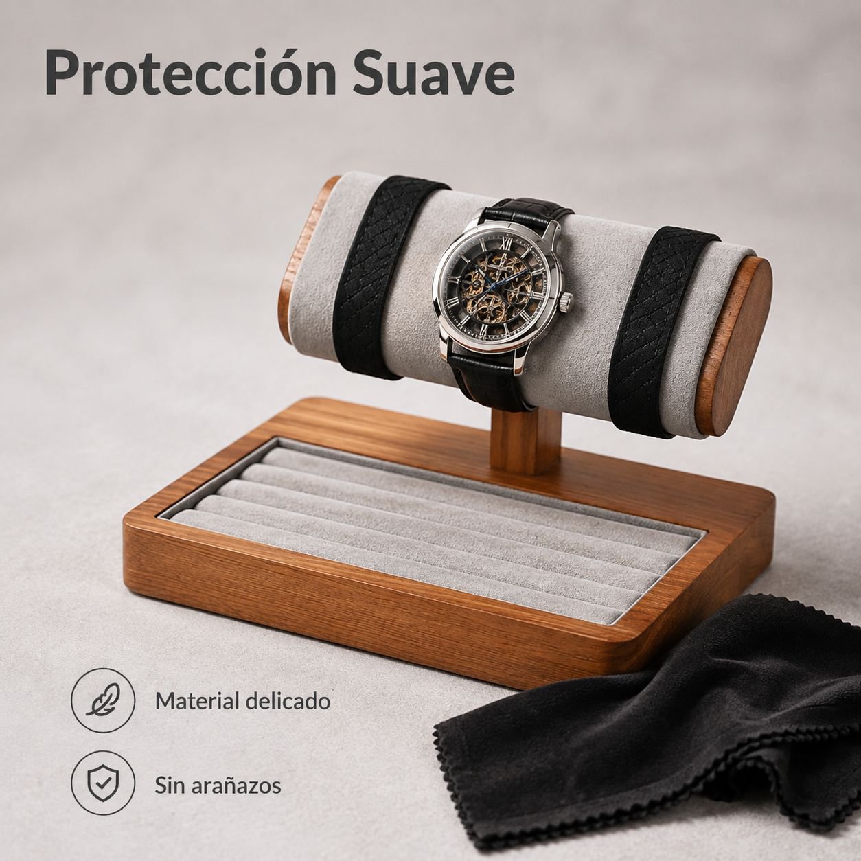 Estante de madera maciza para exhibir relojes y pulseras.