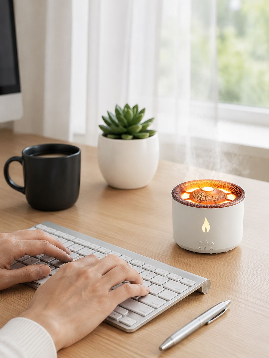 Small desktop humidifier releasing mist with ambient LED glow