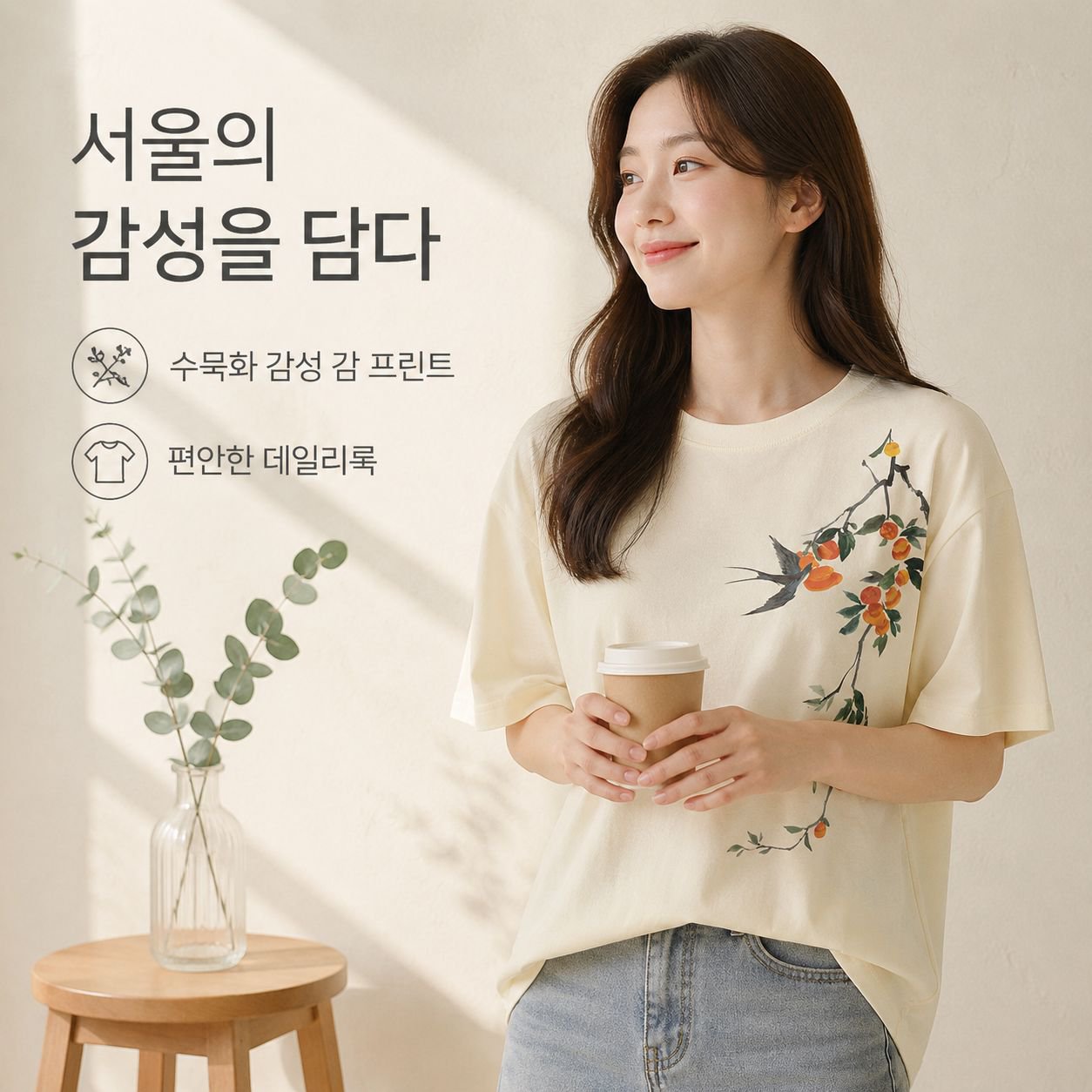기질 있는 화이트 빅사이즈 여성 박시 프린트 반팔 티 상의