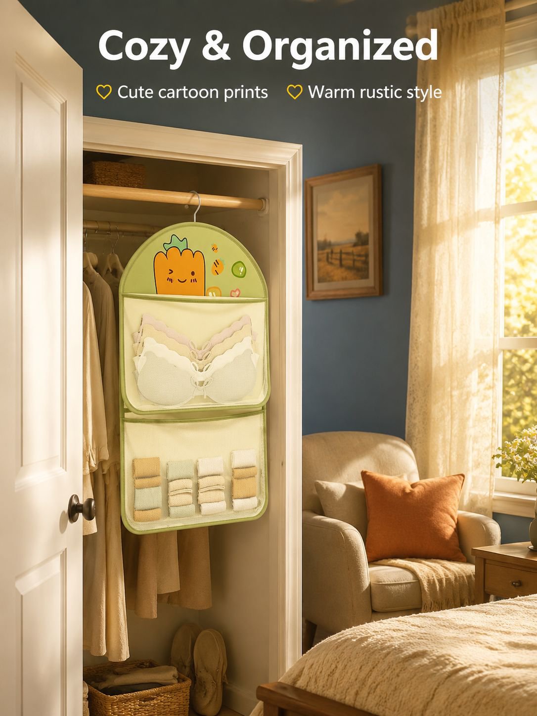 Bedroom storage solution with hanging organizer bag