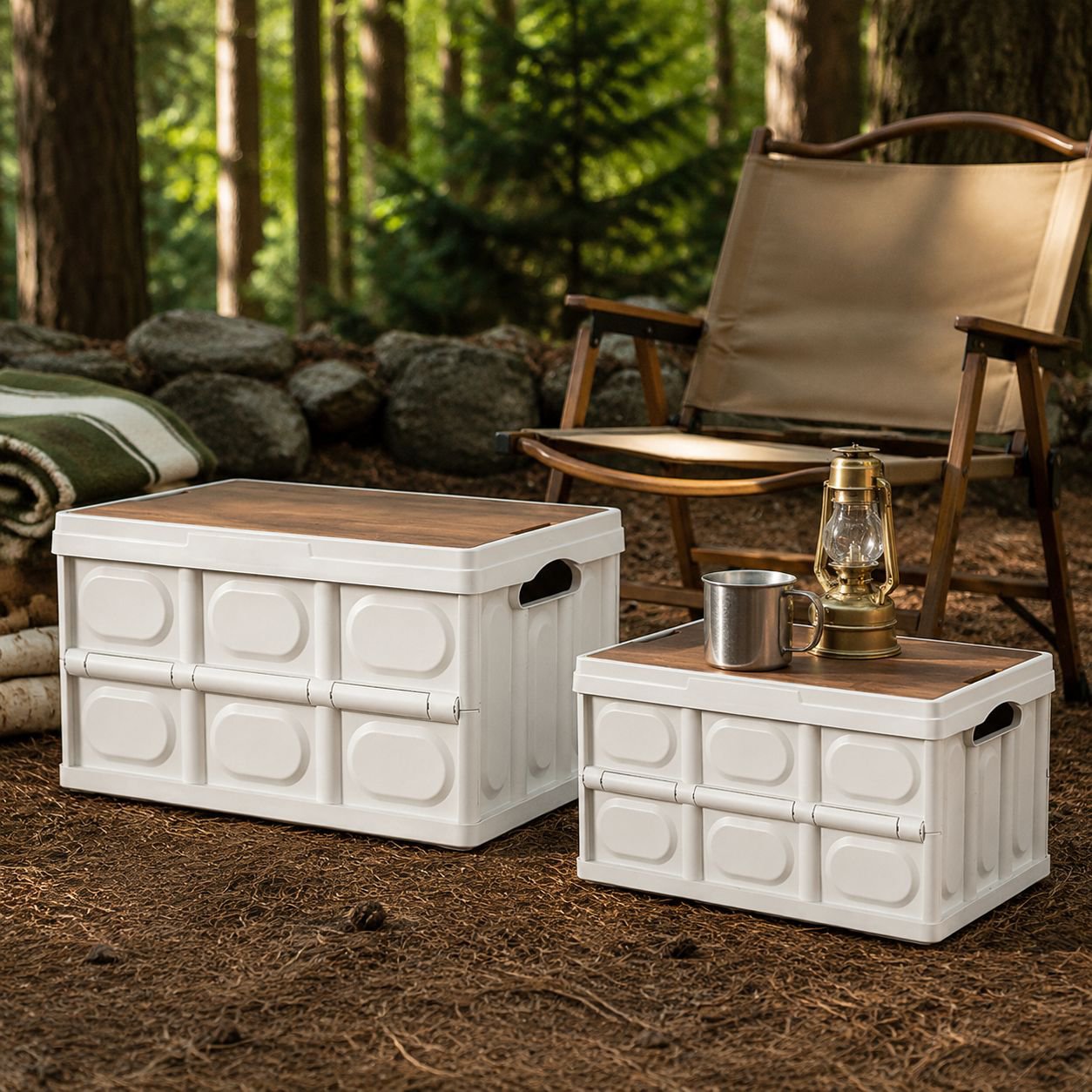 Storage basket with wooden tabletop shown folded for easy storage