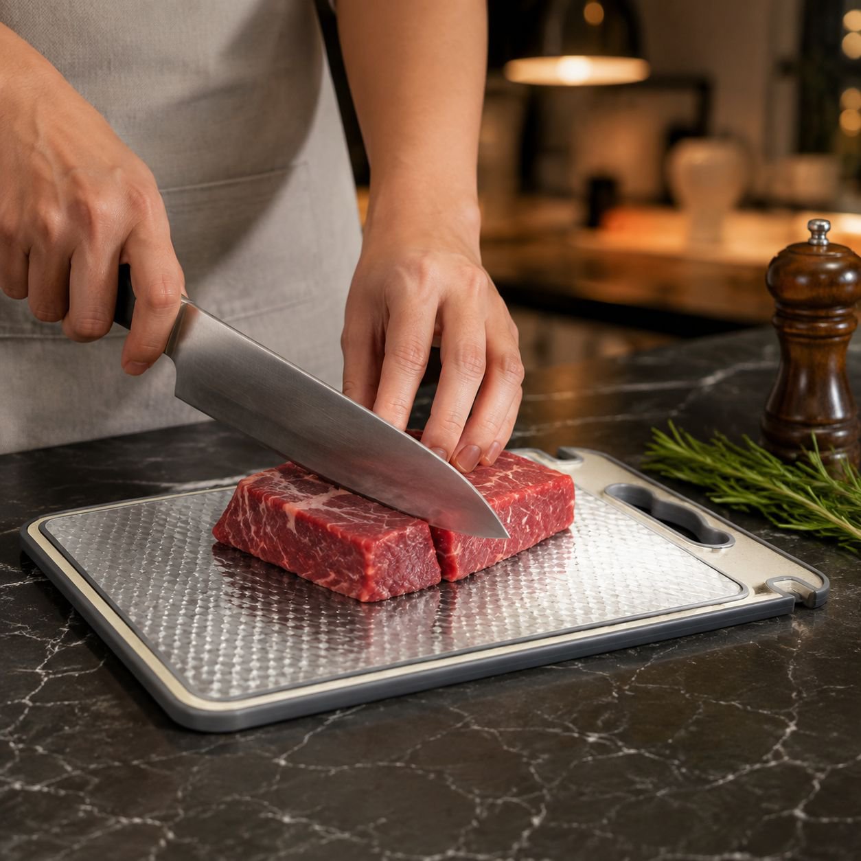 304 stainless steel antibacterial double-sided cutting board on kitchen counter