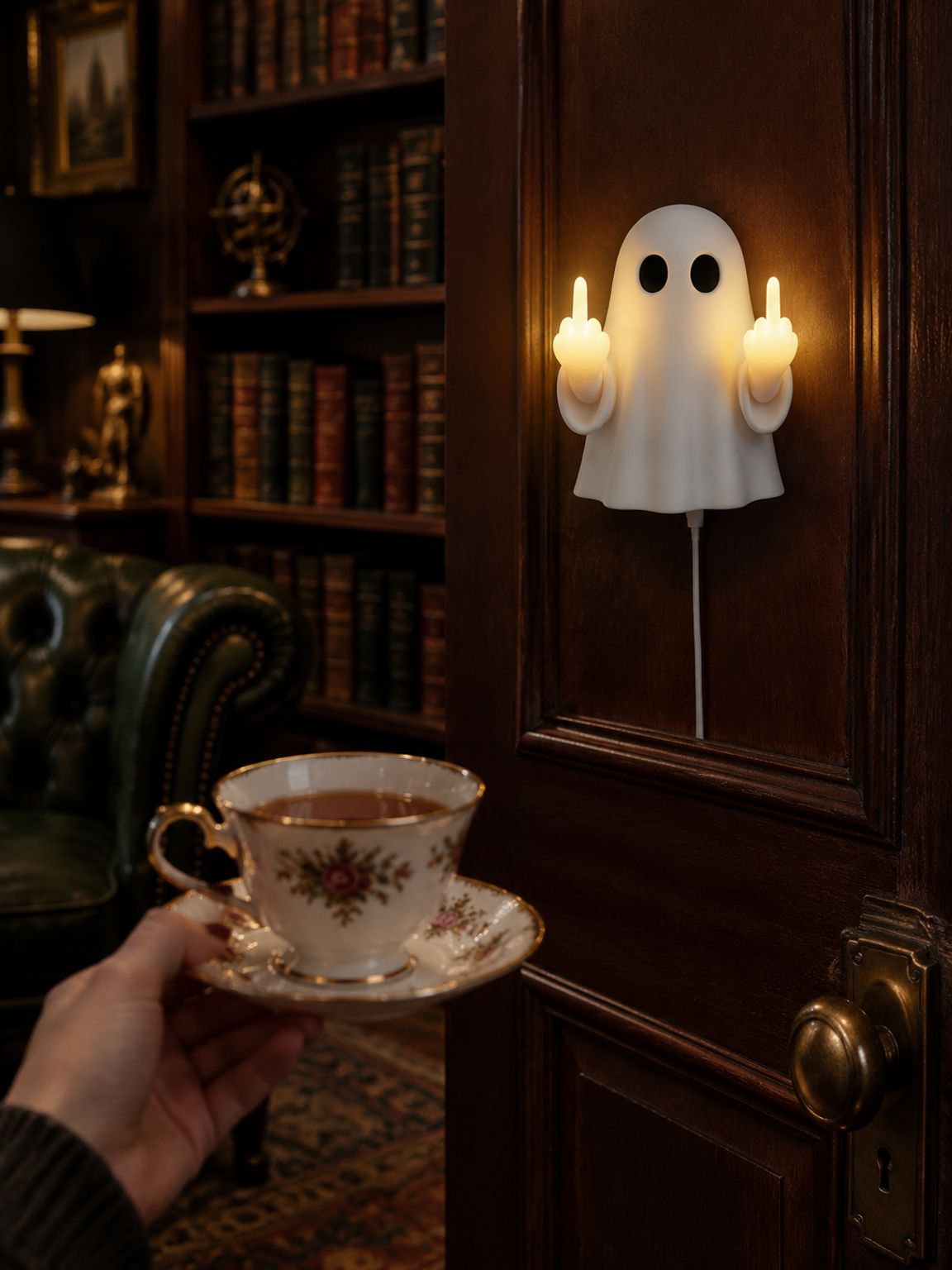 Eerie Halloween ghost lamp illuminating a dark room