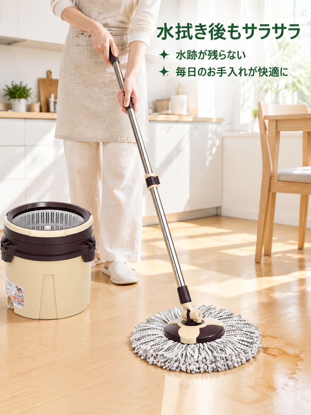 モップヘッドを回転させて水を絞る様子