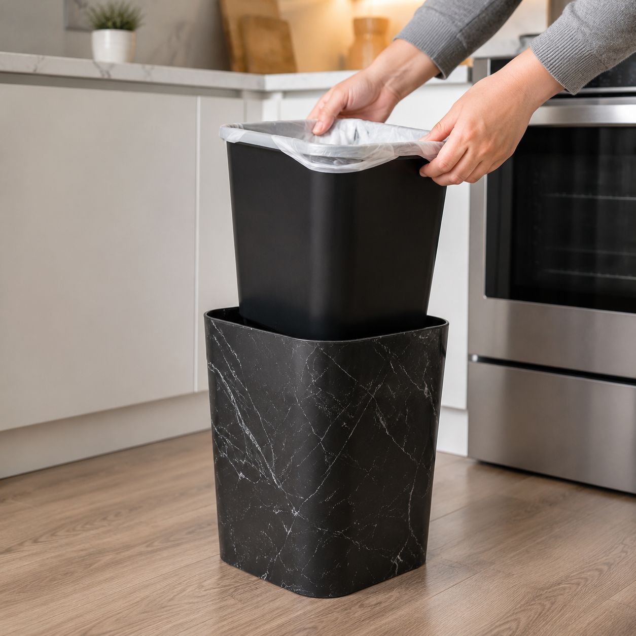 Luxurious marble design waste bin closeup
