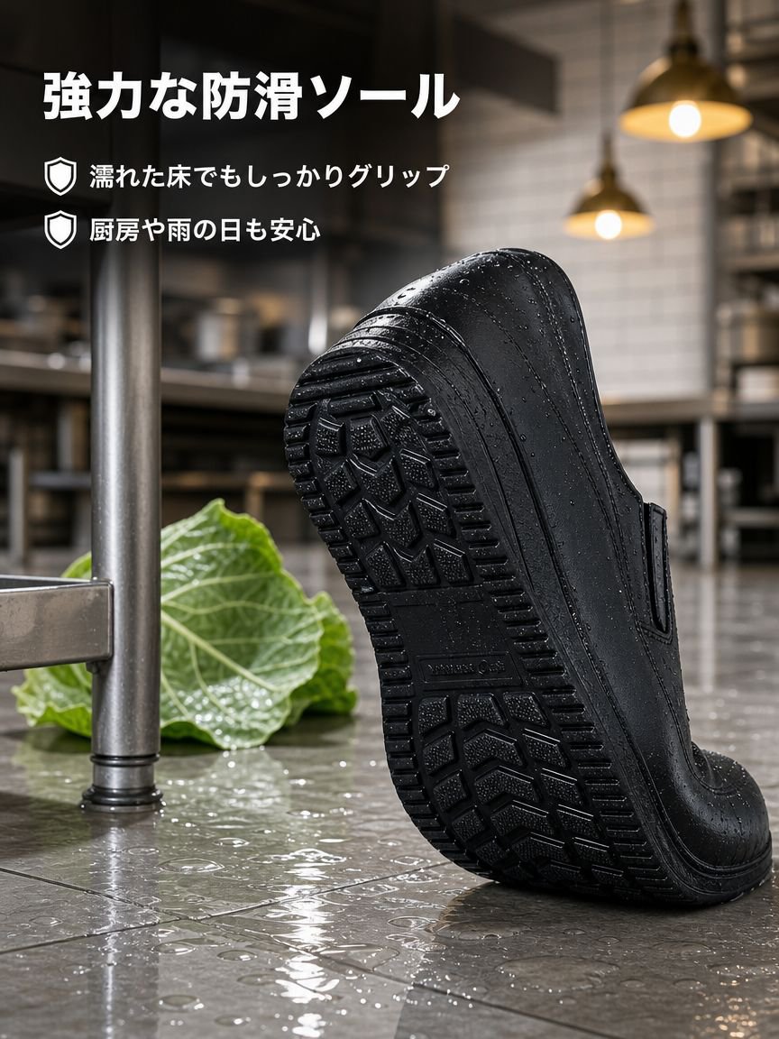 メンズ滑り止めレインシューズ 低めのおしゃれなレインブーツ 耐摩耗キッチン作業靴
