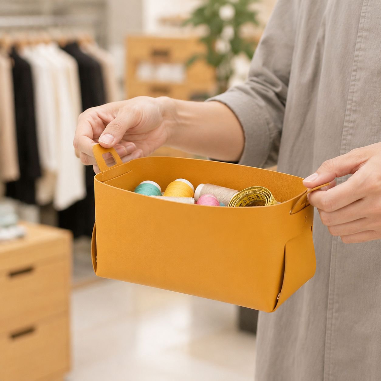 洋服店の試着室の整理やネイルサロンの小物収納に最適な、高級レザー製収納ボックス。