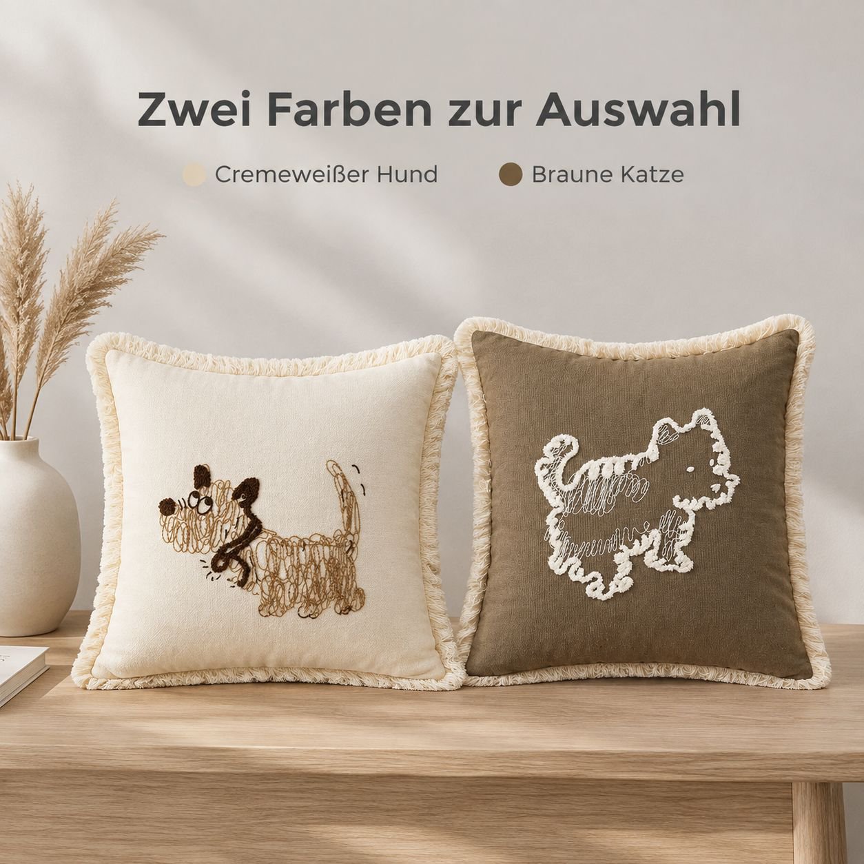 Hund-Kissenhülle aus Baumwolle Canvas mit Frottier-Stickerei