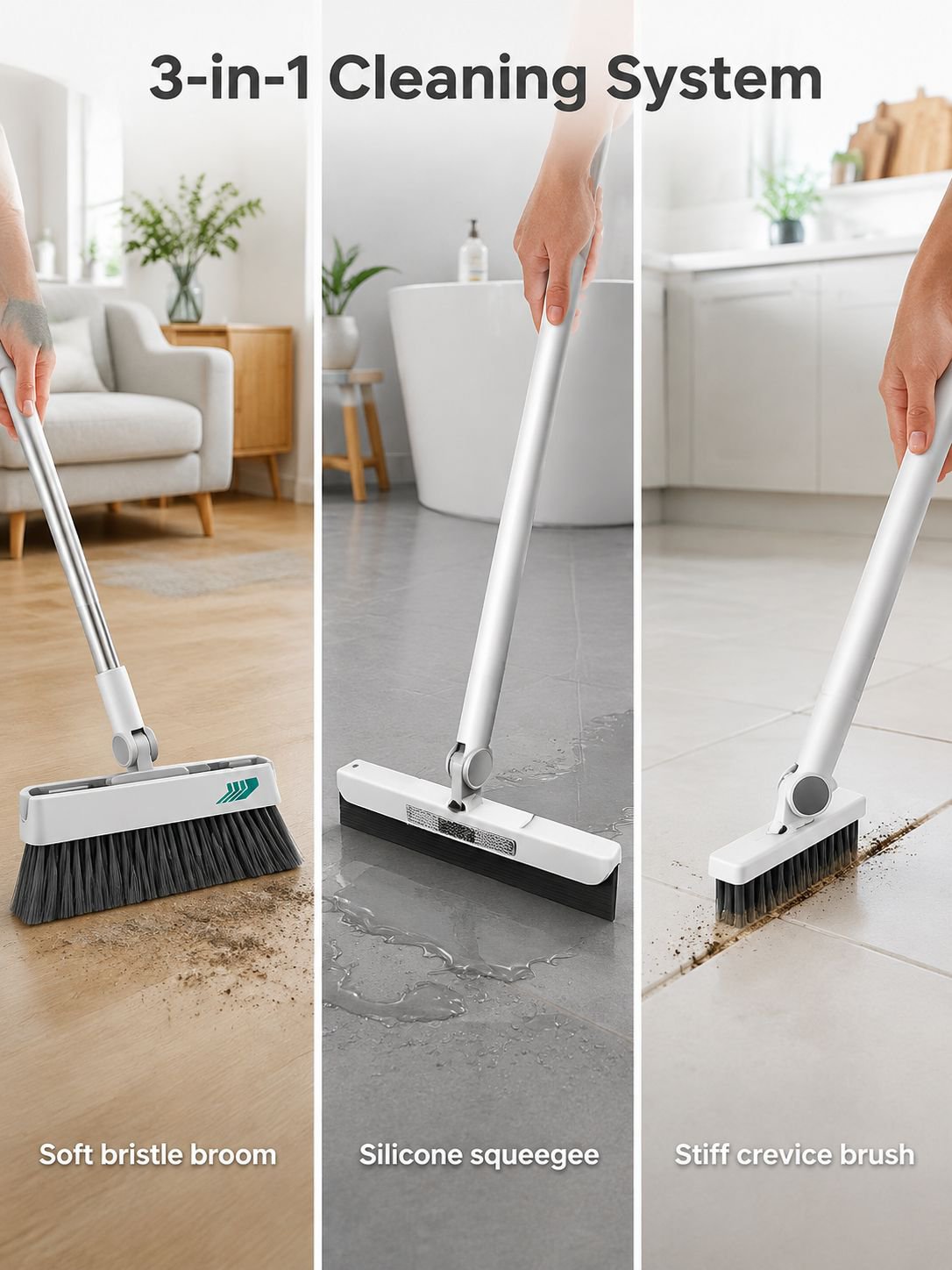 Foldable Large Thick Soft Bristle Broom and Dustpan 3-in-1 Storage Set
