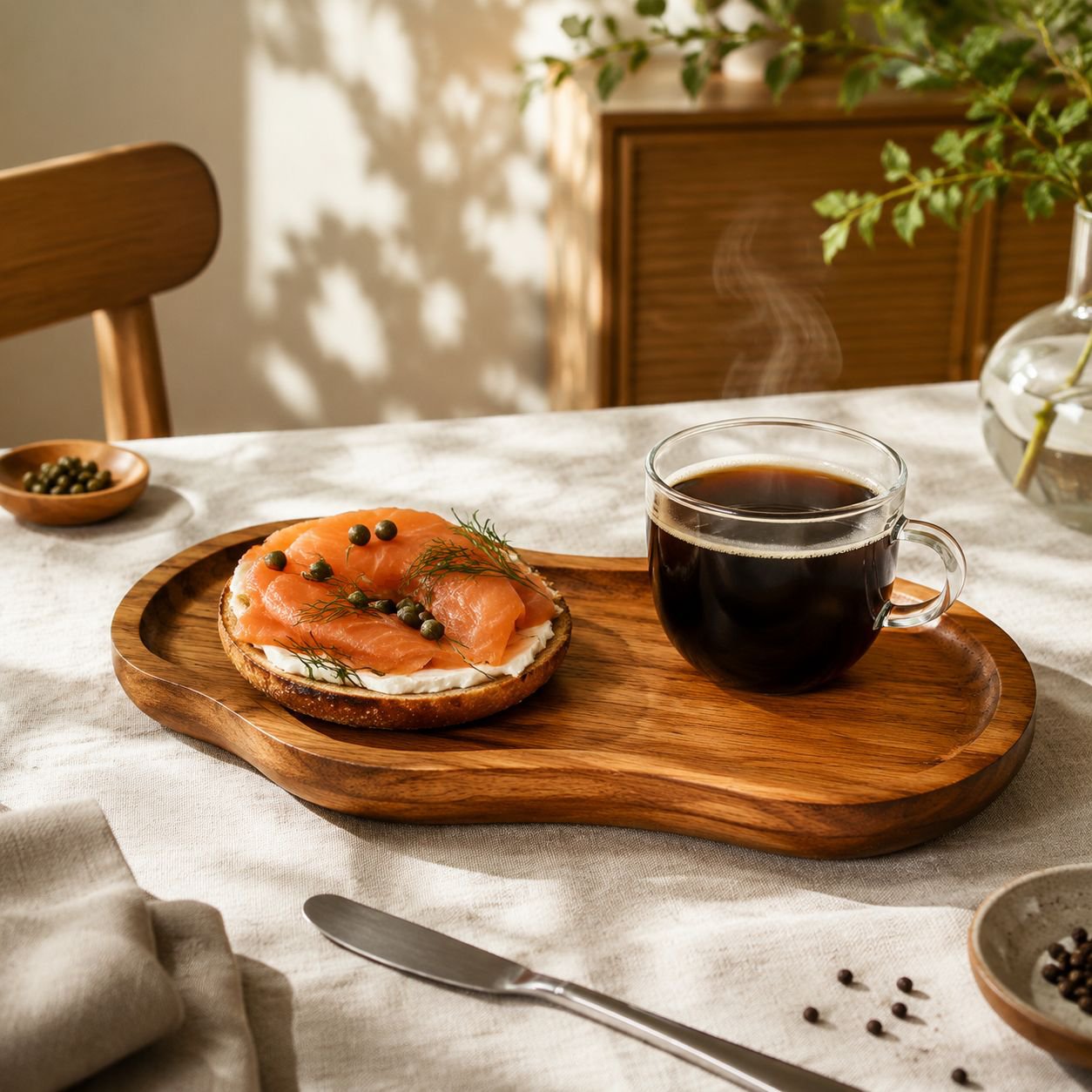Solid wood peanut-shaped snack plate on white background