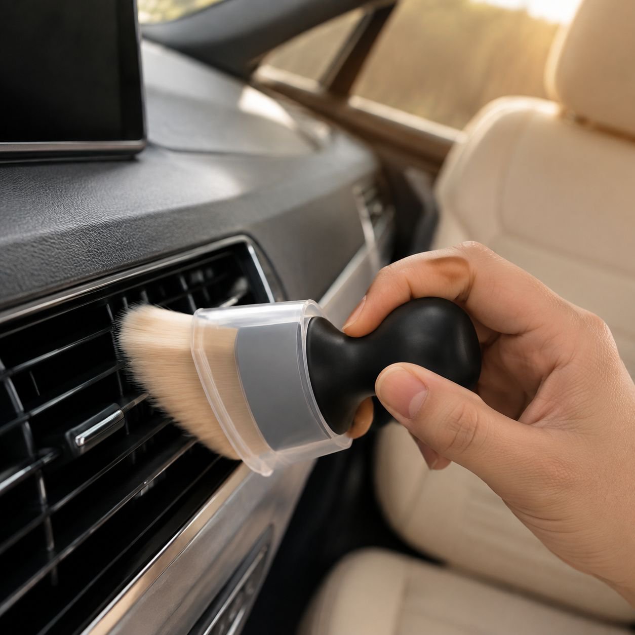 Cleaning car seat gap with interior tool