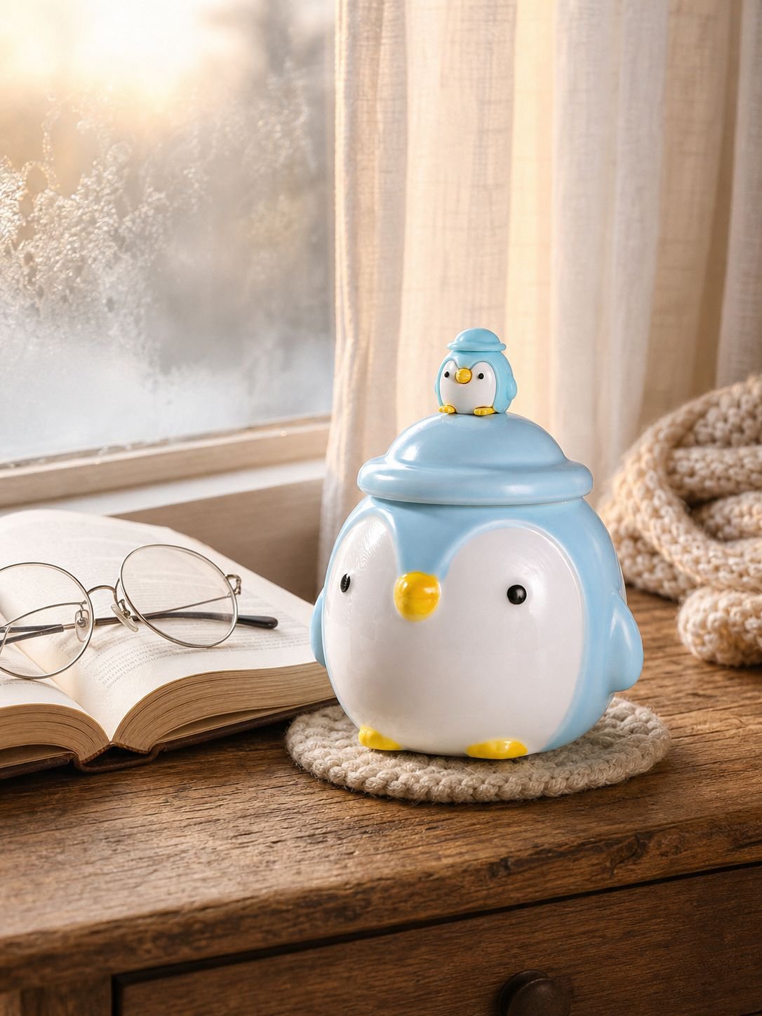 Cute ceramic mug with cartoon design on wooden table