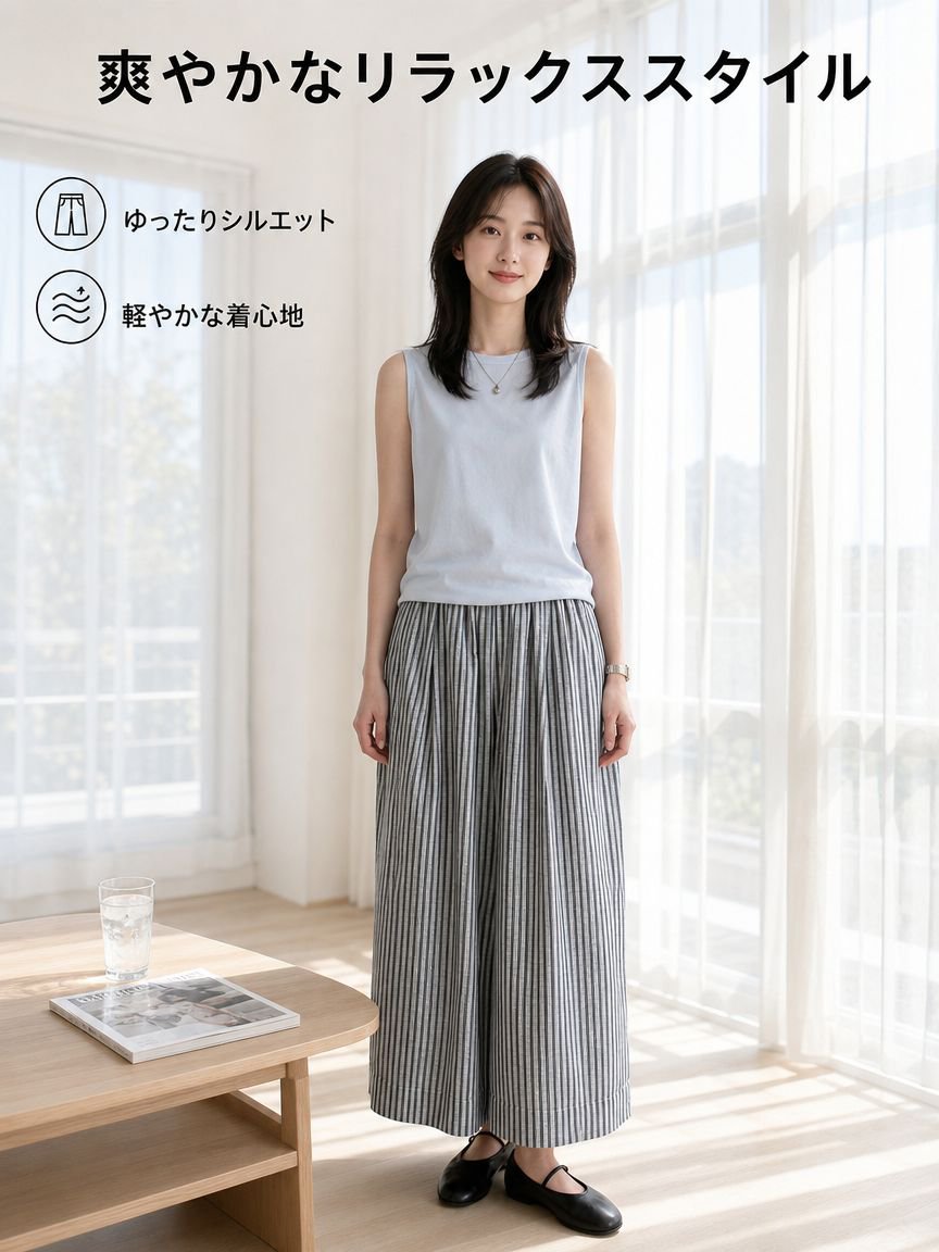 ストライプカジュアルワイドパンツ レディース ゆったりシルエット
