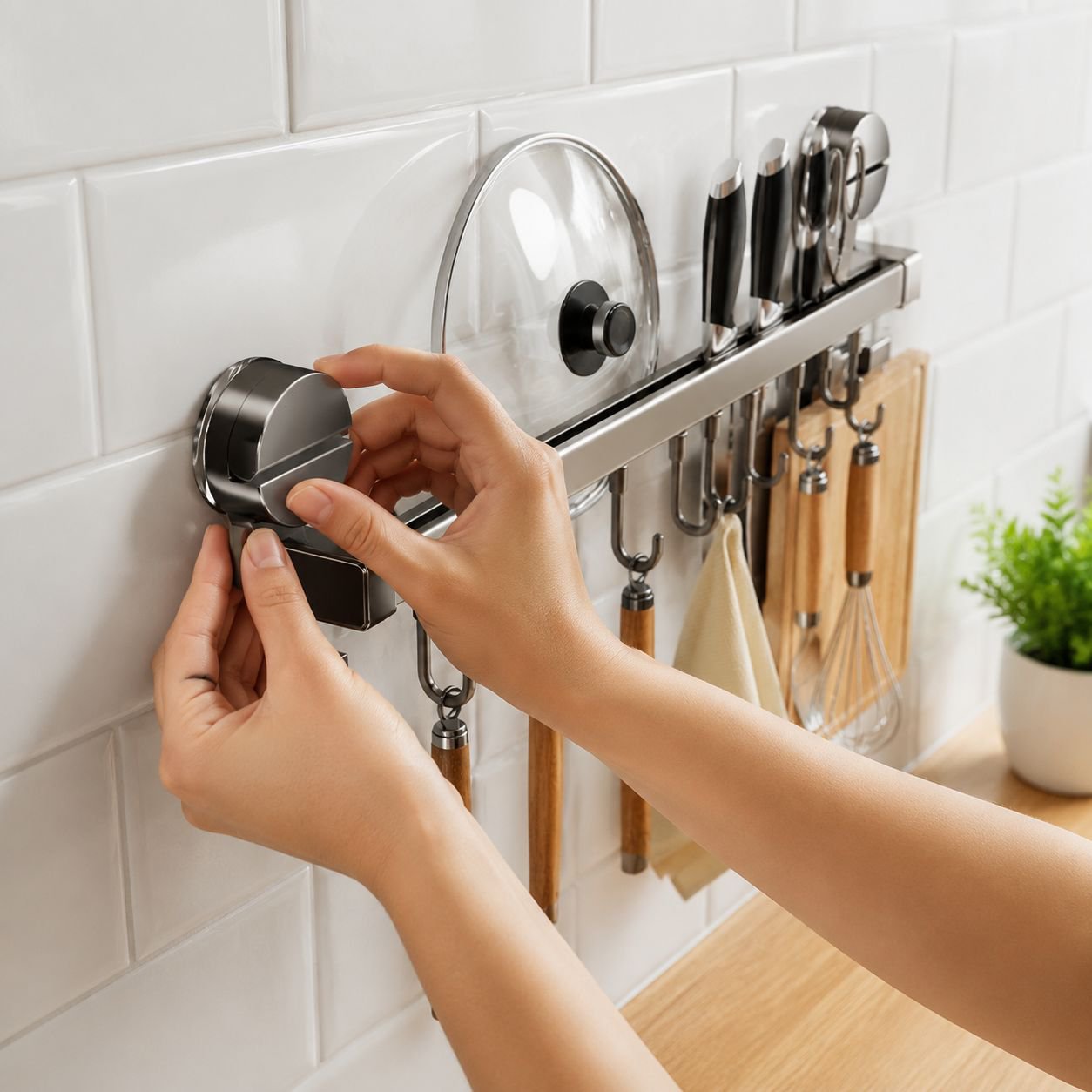 Kitchen accessory holder with sleek gunmetal gray bar