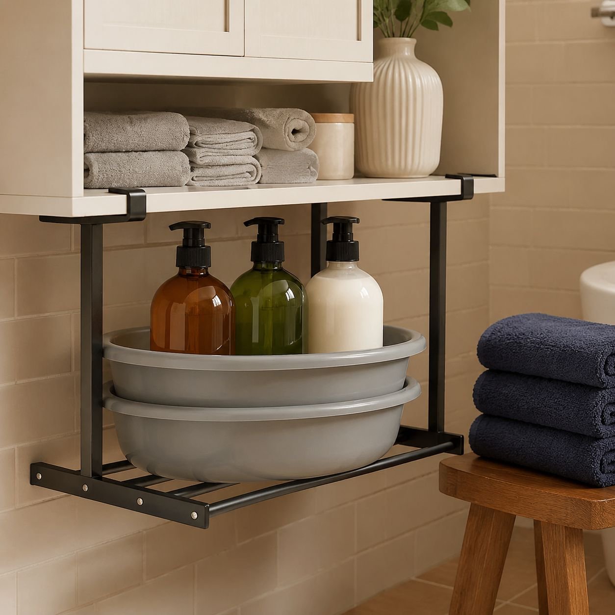 Modern bathroom decor with floating organizer shelf
