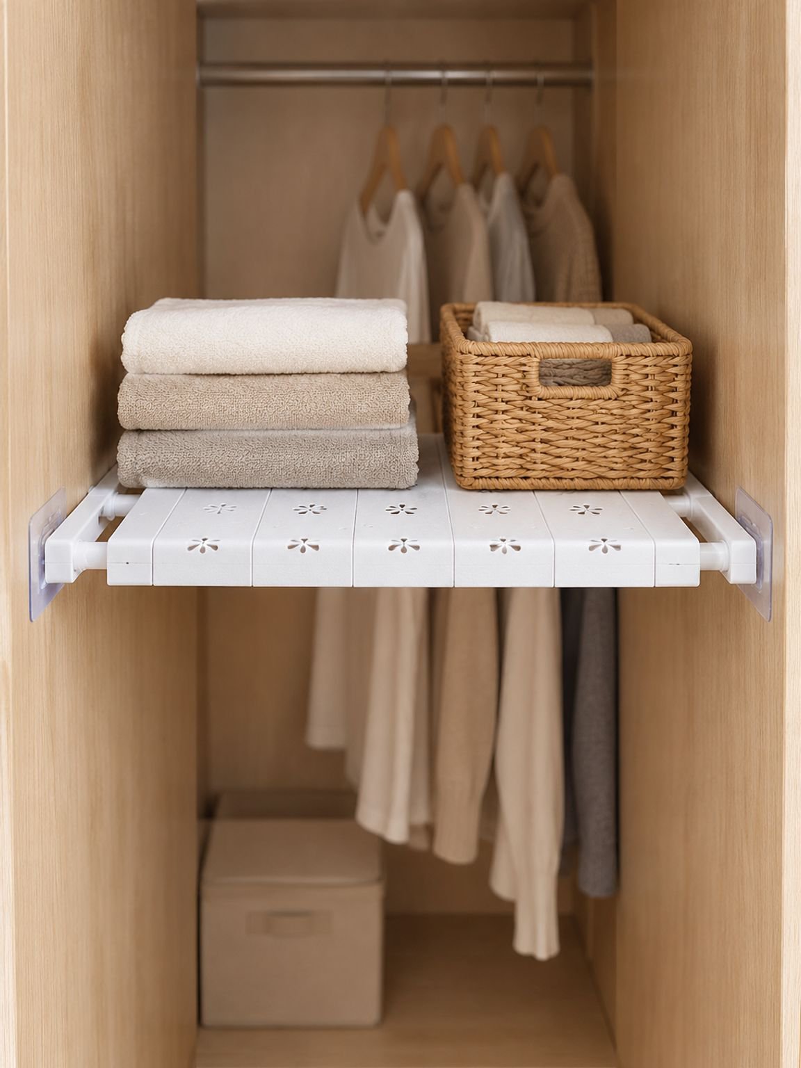 Space-saving no-drill organizer for closet shelves