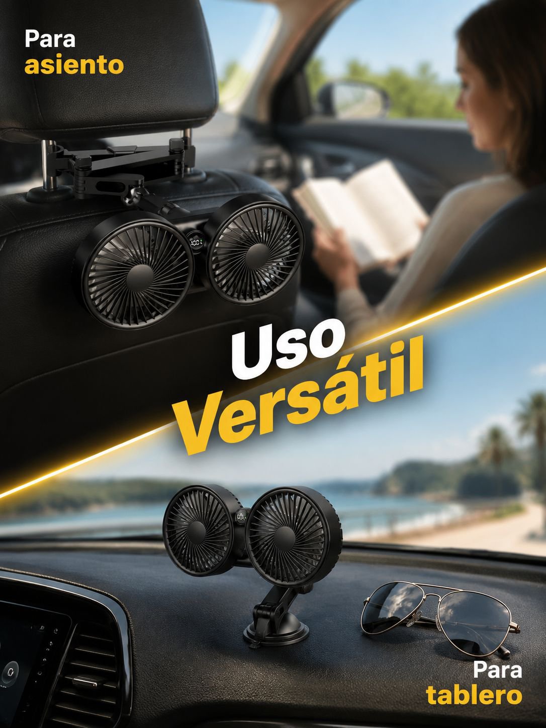 Ventilador de coche de doble cabezal para asiento trasero, potencia fuerte y diseño telescópico
