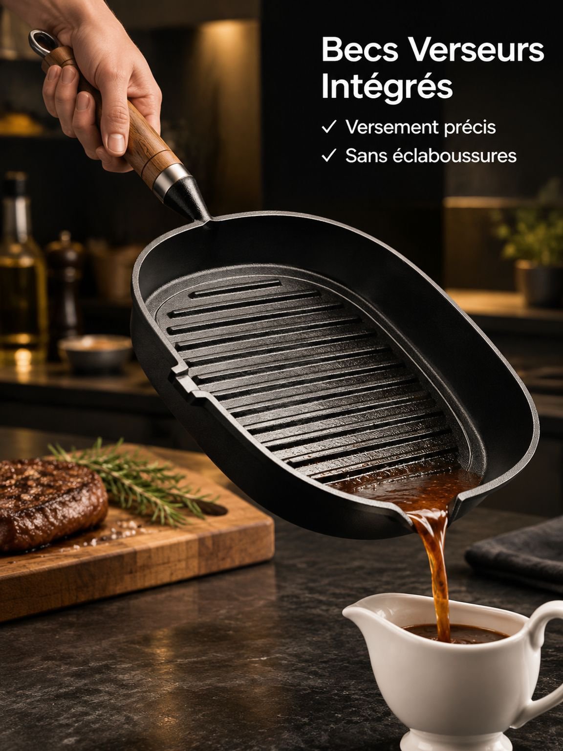 Poêle steak en fonte avec surface striée pour grillades savoureuses