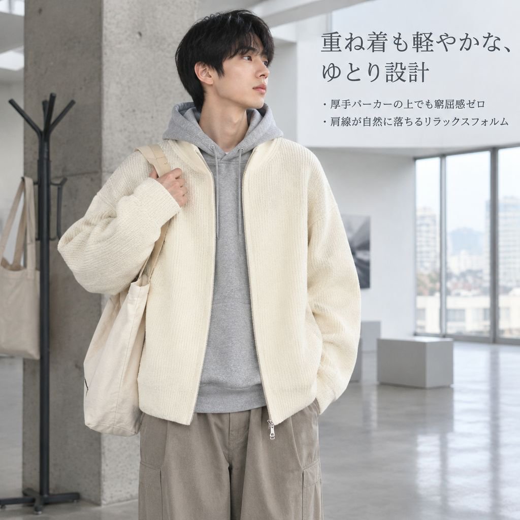 スタンドカラー ジップアップ ニットカーディガン メンズ 厚手 無地 ゆったり ハイネック セーター