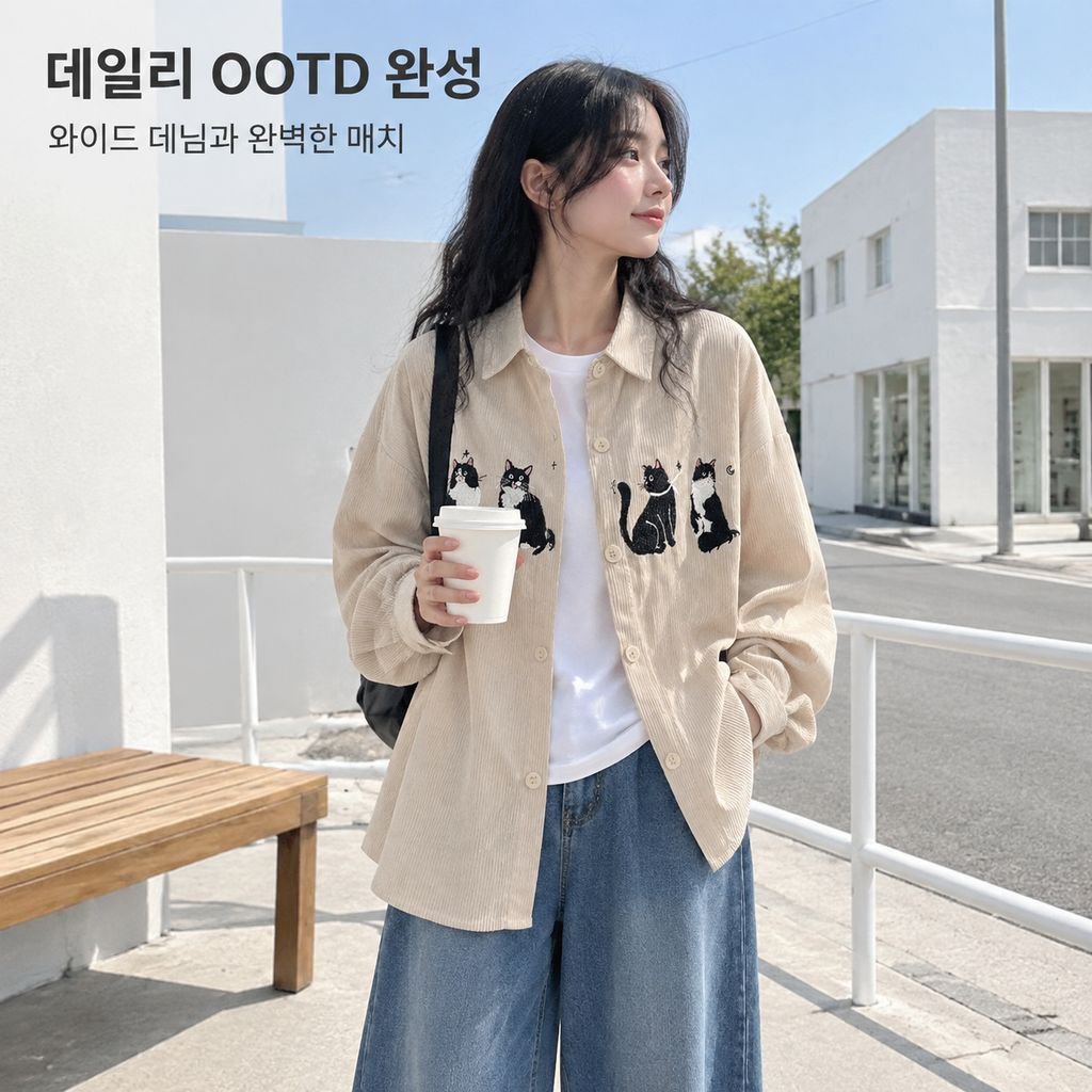 가을겨울 미국 빈티지 루즈핏 재미있는 고양이 자수 코듀로이 긴팔 셔츠