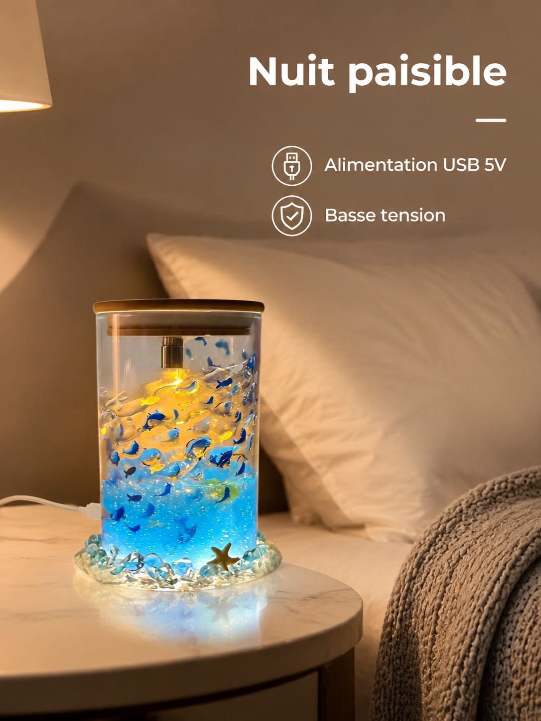 Veilleuse lumineuse apaisante bleue avec petits poissons flottants