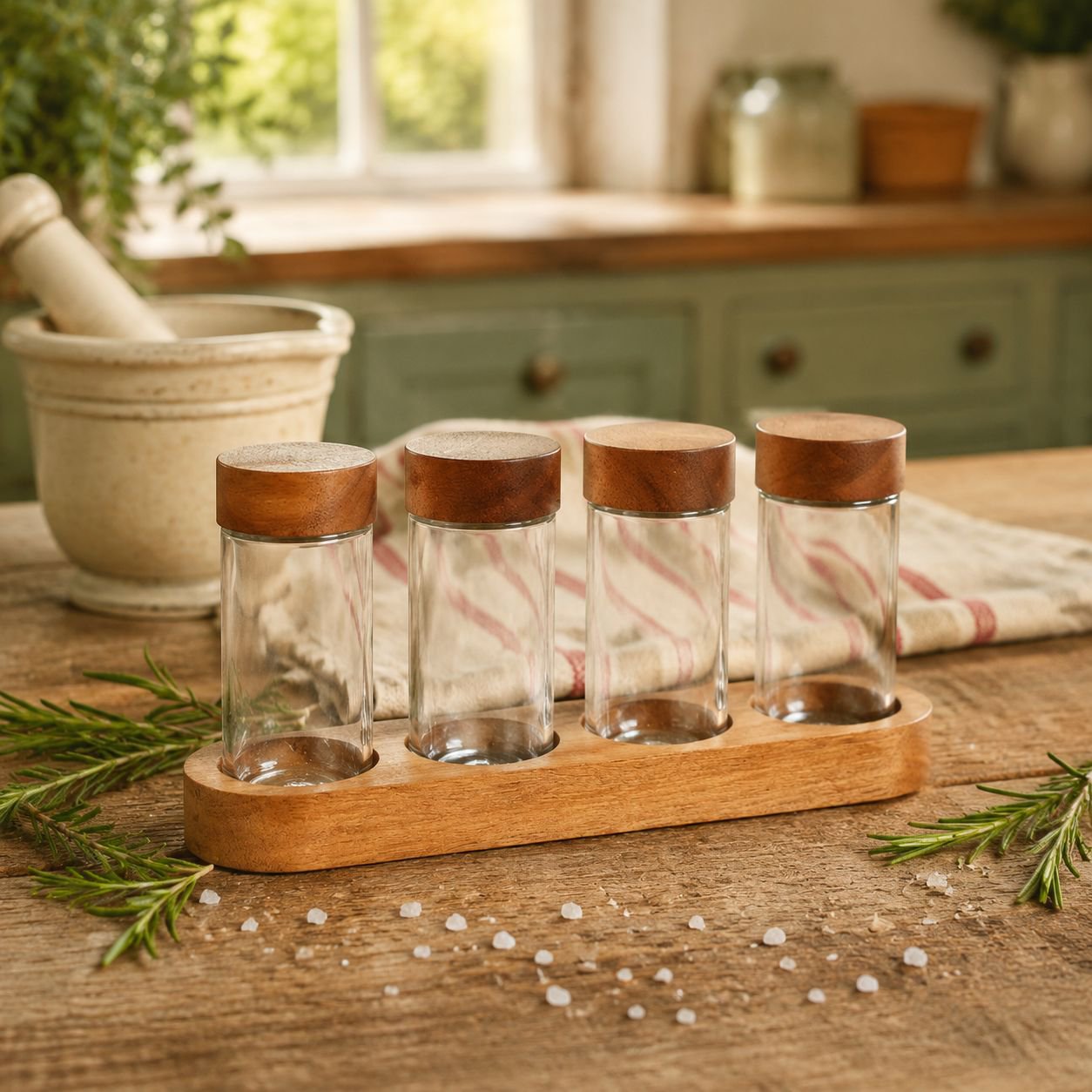 Japanese Seasoning Bottle Glass Jar Acacia Wood Lid 3oz Set of 4