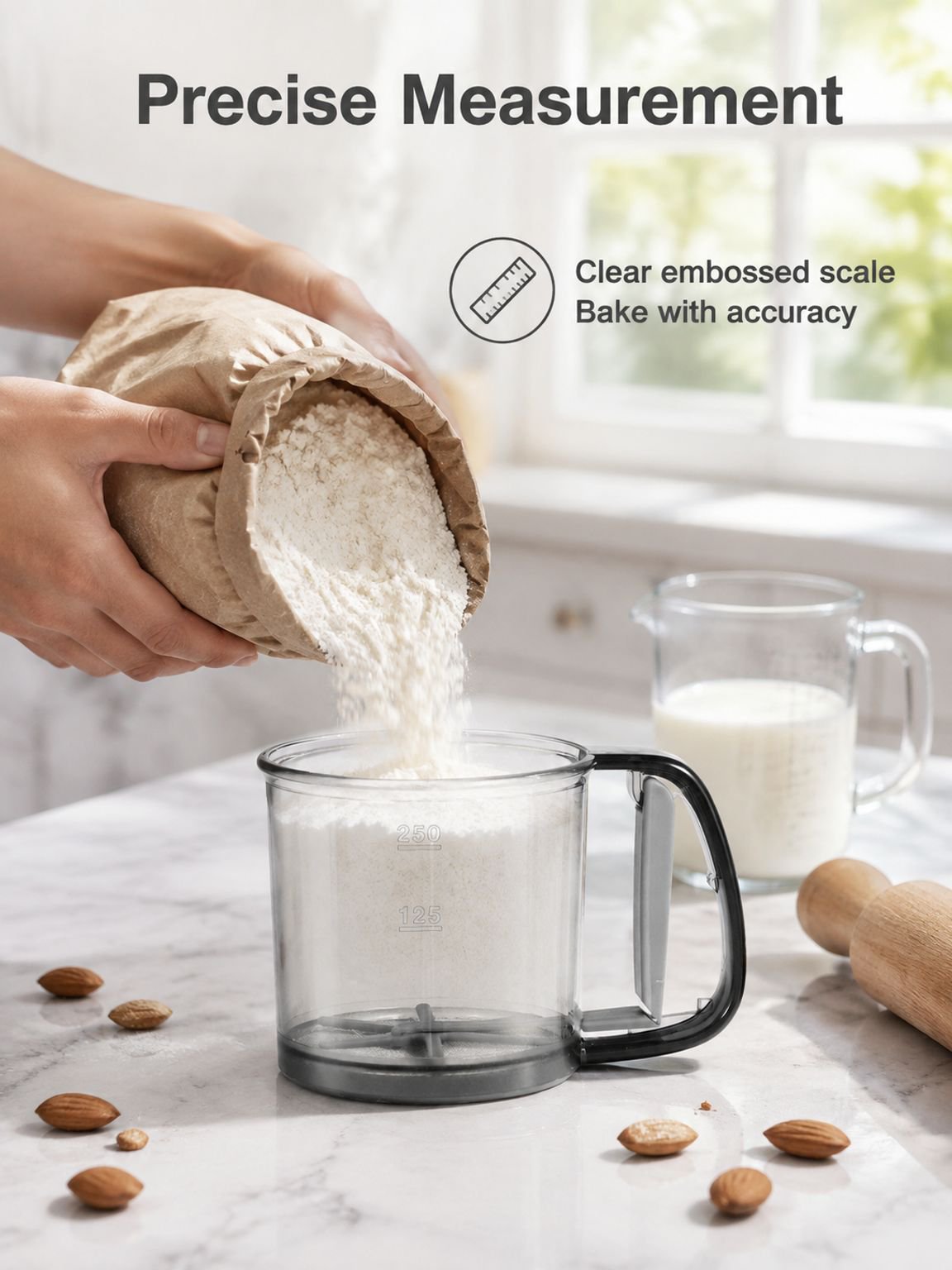 Kitchen flour sieve for cakes, pastries, and bread recipes