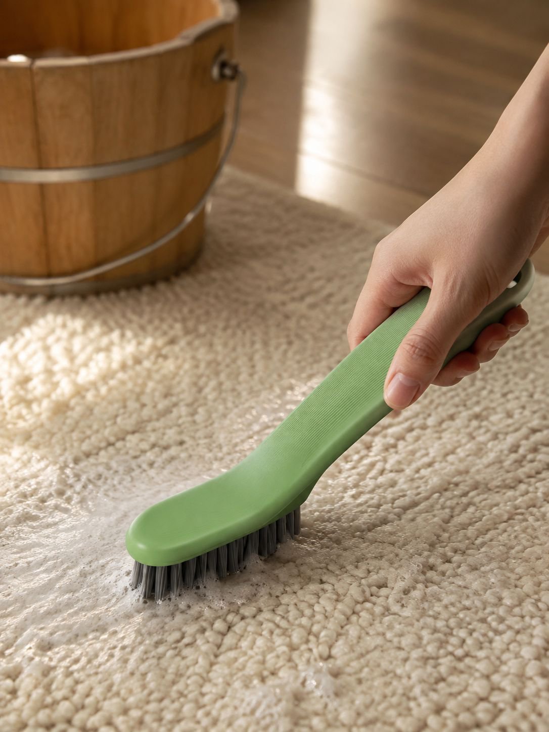 Soft bristle brush gently cleaning white sneakers